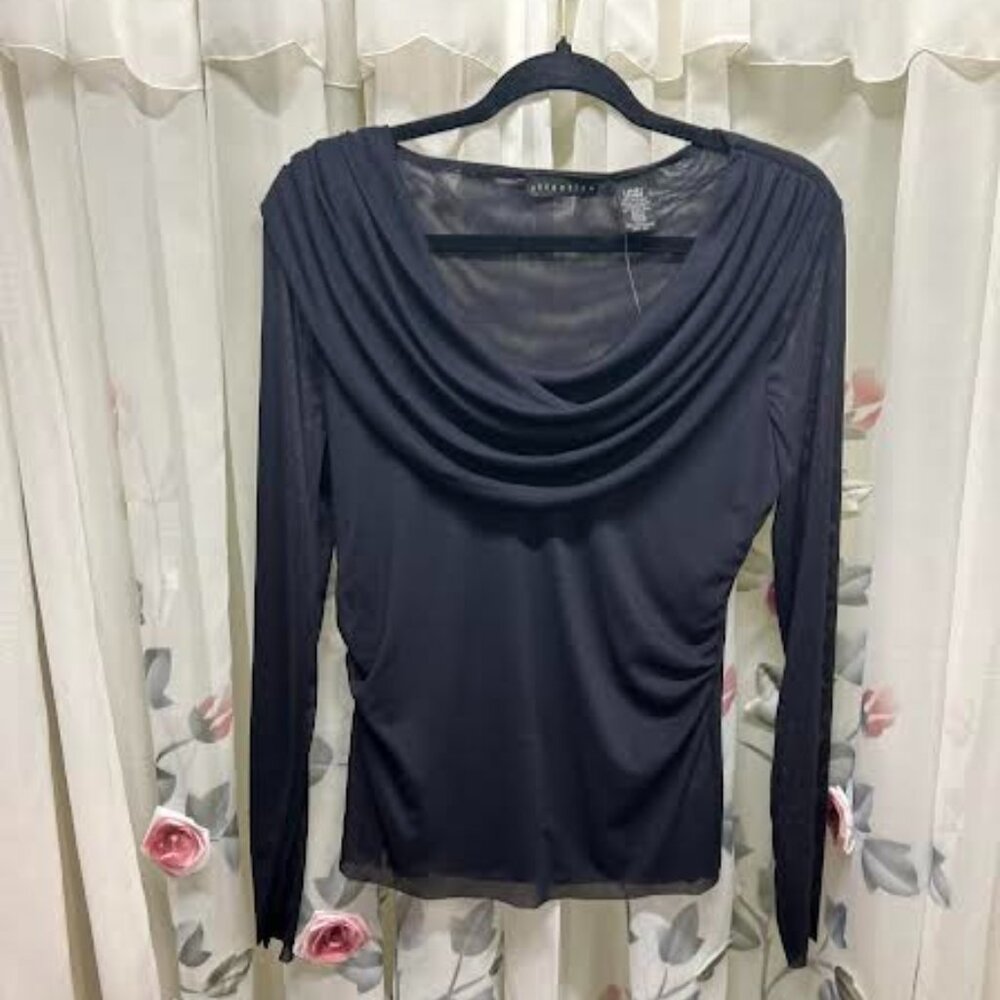 Attention Black Cowl Neck Mesh Top NWT